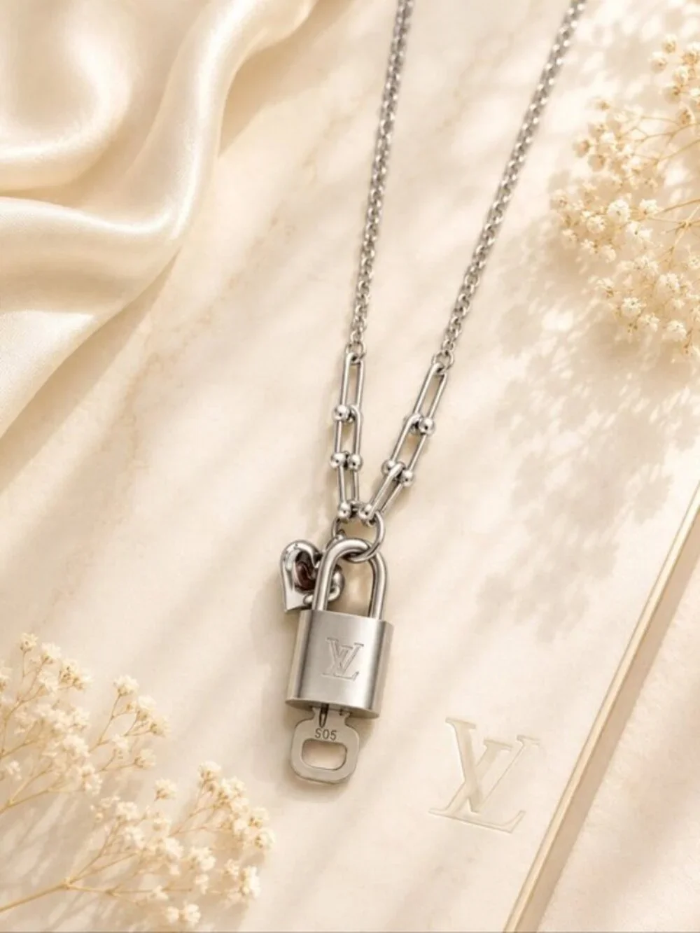 Stainless Steel Silver-Plated Necklace + Authentic Louis Vuitton Lock Pendant